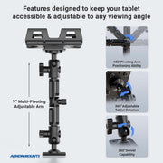 Tablet mount with adjustable arm and swivel capabilities on a white background