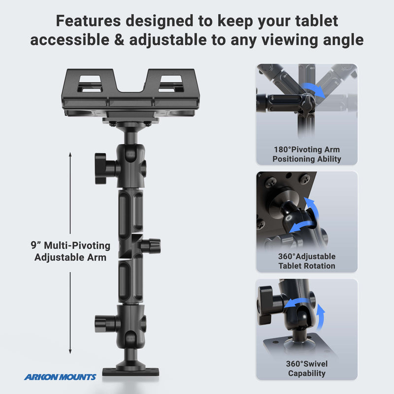 Tablet mount with adjustable arm and swivel capabilities on a white background
