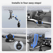 Four-step installation for the Slim-Grip® Cup Holder Tablet Mount with 3.75 Shaft: 1) Attach shaft and adapter to holder, 2) Insert into cup holder, 3) Rotate collar to secure, 4) Place tablet in the car mount.
