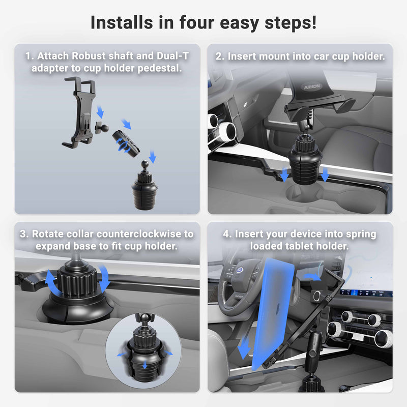Four-step installation for the Slim-Grip® Cup Holder Tablet Mount with 3.75 Shaft: 1) Attach shaft and adapter to holder, 2) Insert into cup holder, 3) Rotate collar to secure, 4) Place tablet in the car mount.