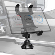 The Slim-Grip® Cup Holder Tablet Mount with 3.75 Shaft holds a tablet on a car’s dashboard, showing a shift timer app, with the vehicles control panel and air vents visible in the background.