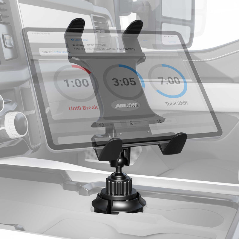 The Slim-Grip® Cup Holder Tablet Mount with 3.75 Shaft holds a tablet on a car’s dashboard, showing a shift timer app, with the vehicles control panel and air vents visible in the background.