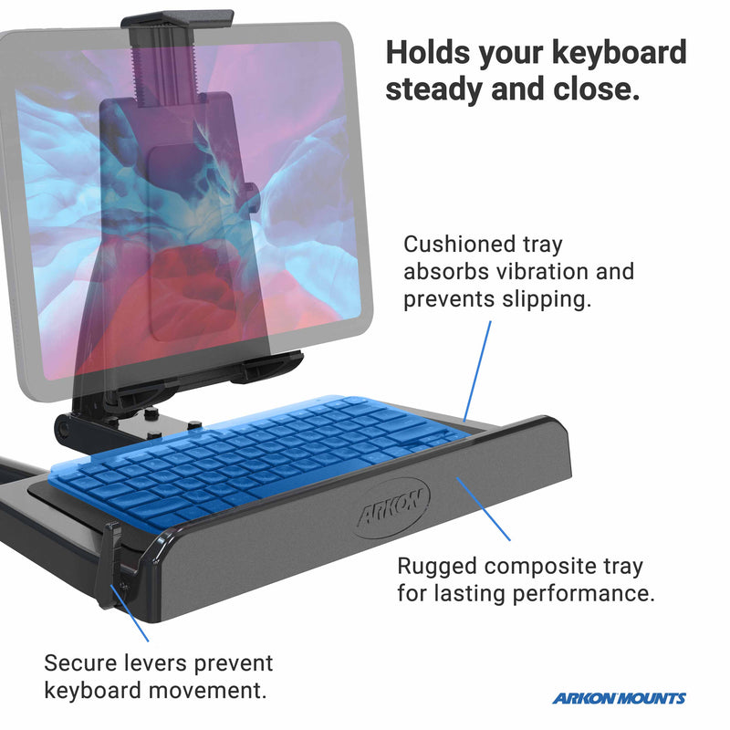 Heavy-Duty Car Seat Rail Tablet Mount with Keyboard Tray Combo Arkon Mounts Heavy-Duty Car Seat Rail Tablet Mount with Keyboard Tray Combo Arkon Mounts