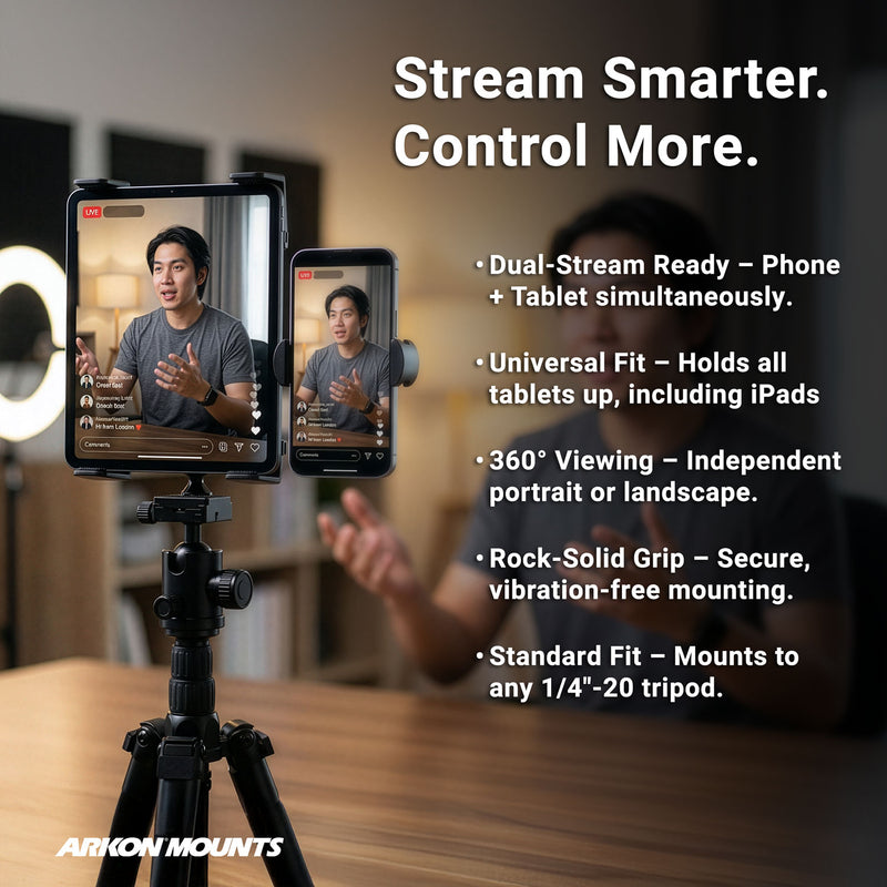 TW Broadcaster Slim-Grip® Tablet and RoadVise® Tripod Mount Holder for Streaming Live Video