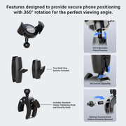 Diagram displaying the RoadVise® XL Robust Clamp Mount with Phone Holder and Security Knob Shaft, featuring 360° adjustable rotation, two shaft sizes, clamp mount design, and secure positioning for your device.