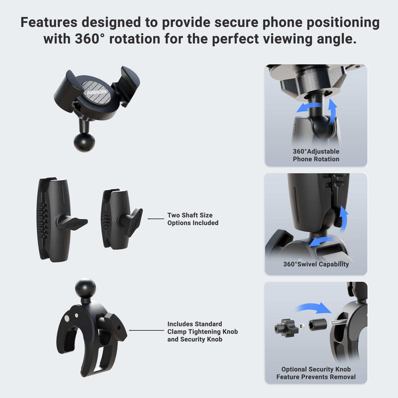 Diagram displaying the RoadVise® XL Robust Clamp Mount with Phone Holder and Security Knob Shaft, featuring 360° adjustable rotation, two shaft sizes, clamp mount design, and secure positioning for your device.