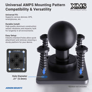 The 7.25 inch Metal Robust Forklift Front Guard VESA Mount features a square metal mounting plate with a central ball joint, AMPS 1.181 x 1.496 hole pattern, and includes four screws—designed for durable and easy warehouse vehicle installation.