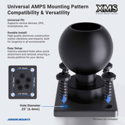 The Forklift Overhead Guard Mount with AMPS Mounting Plate and 8.5 Shaft is a black, heavy-duty, spherical mount on a square base with four mounting holes for universal AMPS device compatibility—durable and easy to install for warehouse vehicles.