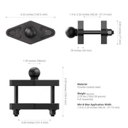Black metal bracket with dimensions and specifications on a white background