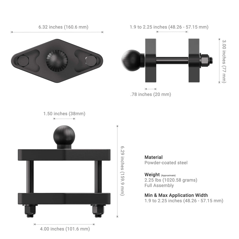 Black metal bracket with dimensions and specifications on a white background