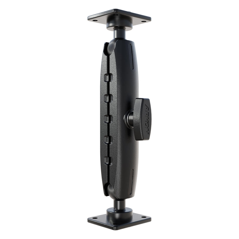 The XMS 7.75 Aluminum AMPS Drill-Base Mounting Pedestal features black, heavy-duty aluminum with square end plates, a central tightening knob, and 25mm compatibility for secure device or equipment installation.