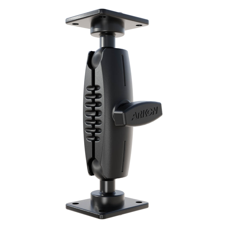 The XMS 5 Aluminum AMPS Drill-Base Mounting Pedestal is a black, industrial-grade adjustable arm with dual rectangular base plates and a central locking knob, ridged grip, and pivots at both ends for rugged tablet mounting. 25mm compatible.