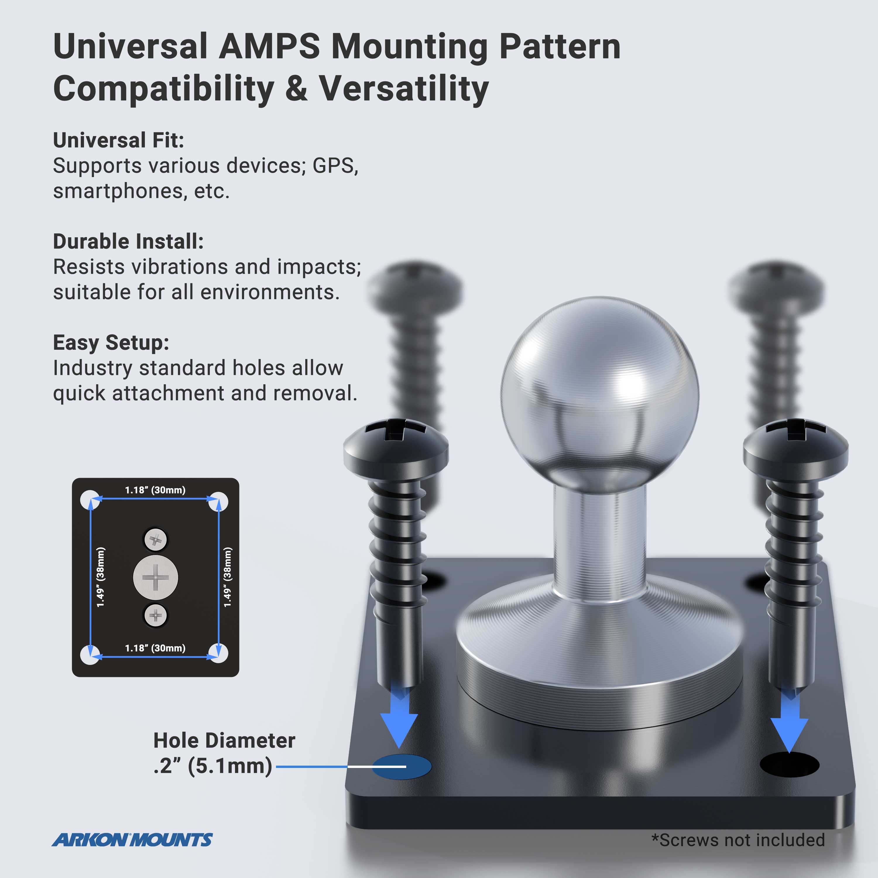 洋楽 G-Rap A.M.P. - PUSHIN' PLATES Metal 4-Hole AMPS Mounting Base with 17mm Ball — Arkon Mounts