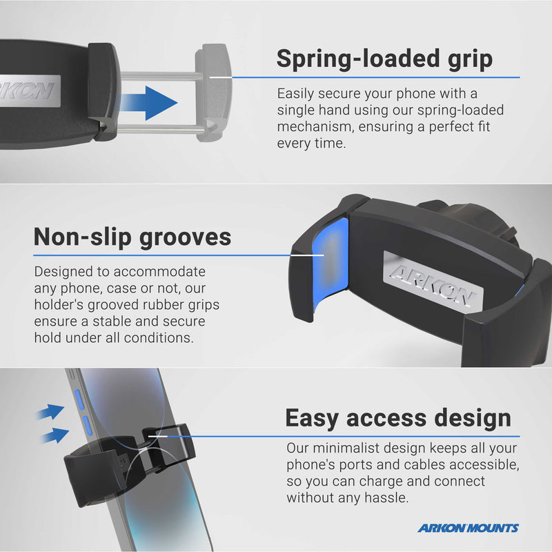 Shown securing a phone, the Phone Cup Holder Mount with Mobile Grip 5 Holder - 25mm features a spring-loaded grip, non-slip grooves, and an easy-access design. This car cup phone holder provides a secure hold with its minimalistic style and is compatible with various devices—making it perfect for hands-free use on the road.