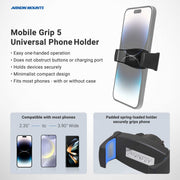 The Phone Cup Holder Mount with Mobile Grip 5 Holder - 25mm is shown securely gripping a smartphone, emphasizing its adjustable padded holder and compatibility with various devices. A close-up highlights the secure grip, making it an ideal choice as a car cup phone holder or adjustable cup holder mount for convenient hands-free use while on the go.