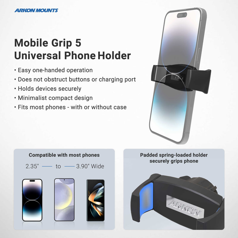 The Phone Cup Holder Mount with Mobile Grip 5 Holder - 25mm is shown securely gripping a smartphone, emphasizing its adjustable padded holder and compatibility with various devices. A close-up highlights the secure grip, making it an ideal choice as a car cup phone holder or adjustable cup holder mount for convenient hands-free use while on the go.