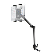 The Heavy-Duty Car or Truck Seat Rail Tablet Mount features a 22 extendable arm and securely grips your tablet, similar to a car mount. The holder is shown attached to a seat rail with a semi-transparent tablet to demonstrate device placement.