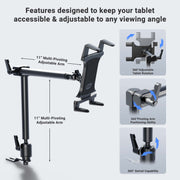 The Heavy-Duty Car or Truck Seat Rail Tablet Mount with 22 Arm features adjustable arms, swivel joints, 360° tablet rotation, a pivoting arm, and a swivel clamp—ideal as a desk mount or heavy-duty seat rail car tablet holder.