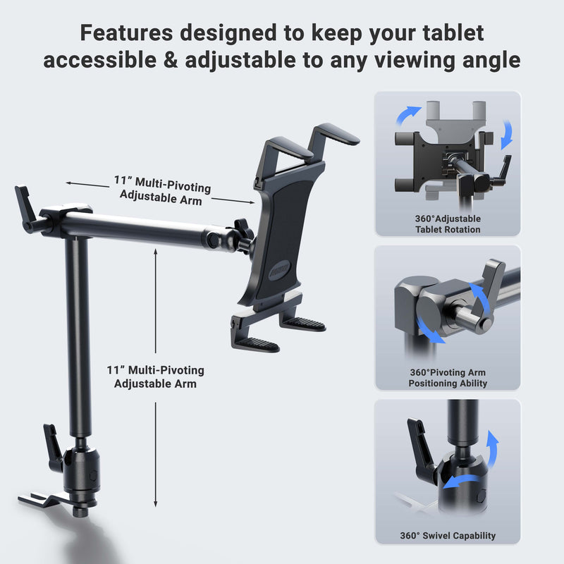 The Heavy-Duty Car or Truck Seat Rail Tablet Mount with 22 Arm features adjustable arms, swivel joints, 360° tablet rotation, a pivoting arm, and a swivel clamp—ideal as a desk mount or heavy-duty seat rail car tablet holder.