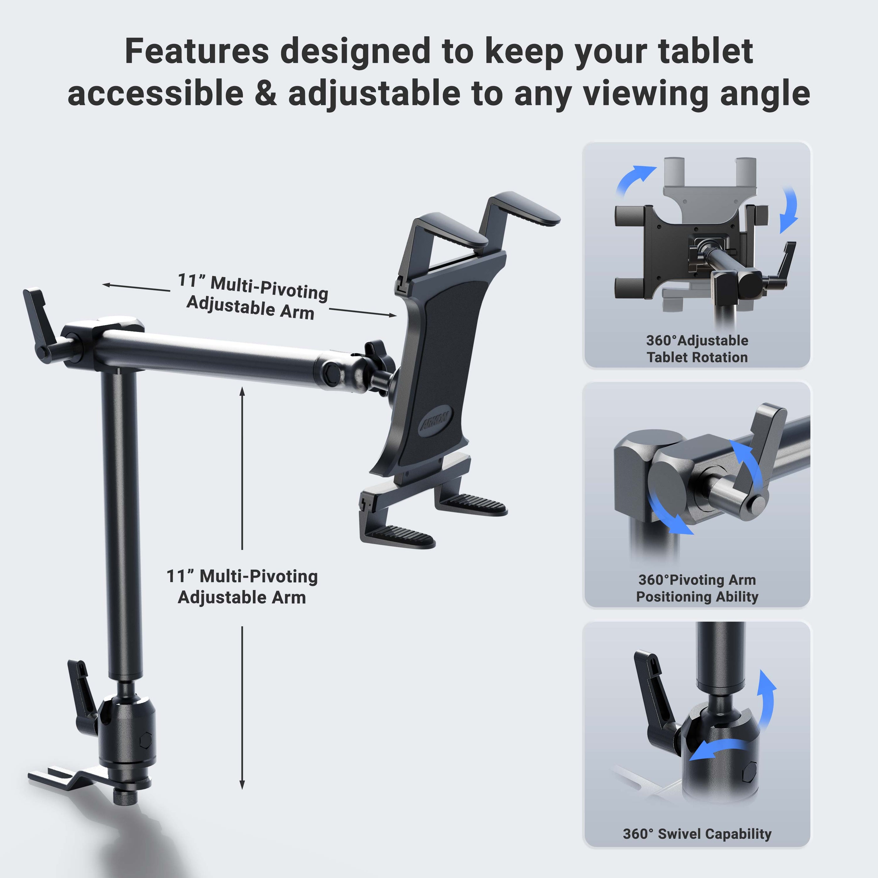 Heavy-Duty Car or Truck Seat Rail Tablet Mount with 22