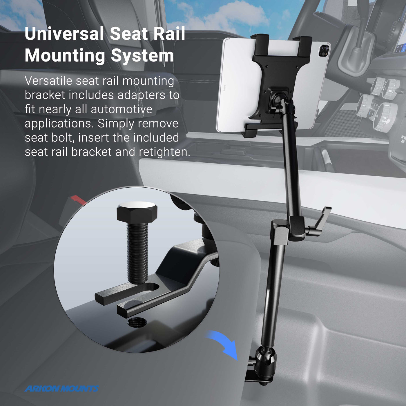 Arkon SM688L22AL Heavy-Duty Truck Seat Rail Phone or Tablet Mount for iPad mini, Galaxy Tablets (sku 56045)