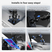 Four-step installation for the Slim-Grip® Tablet Holder with Drill-Base Mount and 8 Multi-Angle Arm: 1) Secure base with screws. 2) Attach arm via ball joint. 3) Insert tablet into spring-loaded holder. 4) Adjust and tighten to preferred angle.