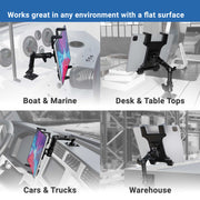 A collage shows the Slim-Grip® Tablet Holder with Drill-Base Mount and 8 Multi-Angle Arm used on a boat dashboard, desk, car/truck, and in a warehouse. Text reads: Works great in any environment with a flat surface.