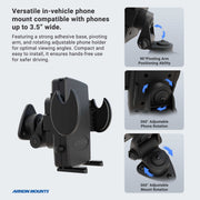 Image showing the Mega Grip™ Holder with Adhesive Mount, compatible with phones up to 3.5 wide, featuring a pivoting arm, 360° rotation, and adhesive dash mount for versatile in-car positioning.