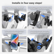Four-step installation for Mega Grip™ Holder with Adhesive Mount: (1) Choose mounting method, like adhesive dash mount, (2) Attach holder to pedestal, (3) Insert phone, (4) Adjust pedestal via ratcheting mechanism. Blue arrows show each step.