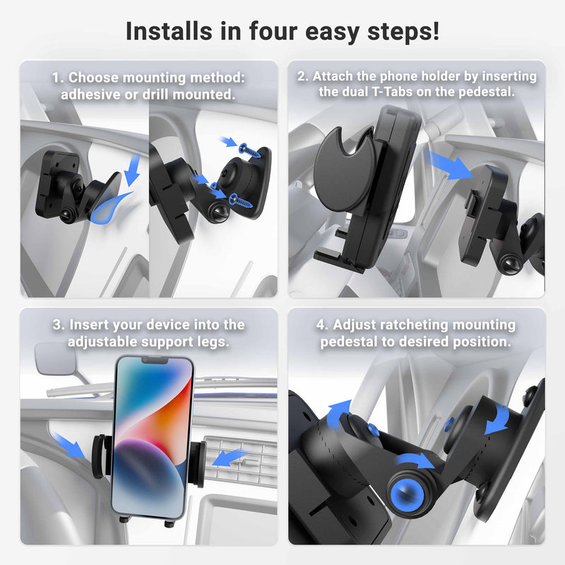 Four-step installation for Mega Grip™ Holder with Adhesive Mount: (1) Choose mounting method, like adhesive dash mount, (2) Attach holder to pedestal, (3) Insert phone, (4) Adjust pedestal via ratcheting mechanism. Blue arrows show each step.