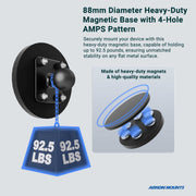 The 88mm Heavy-Duty Magnetic Base with 4-Hole AMPS Pattern Screw Bolts supports up to 92.5 lbs, featuring robust magnets and durable materials for superior strength. Text highlights its heavy-duty construction and secure mounting capabilities.