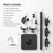 List of included items for a camera or projector stand with components displayed.