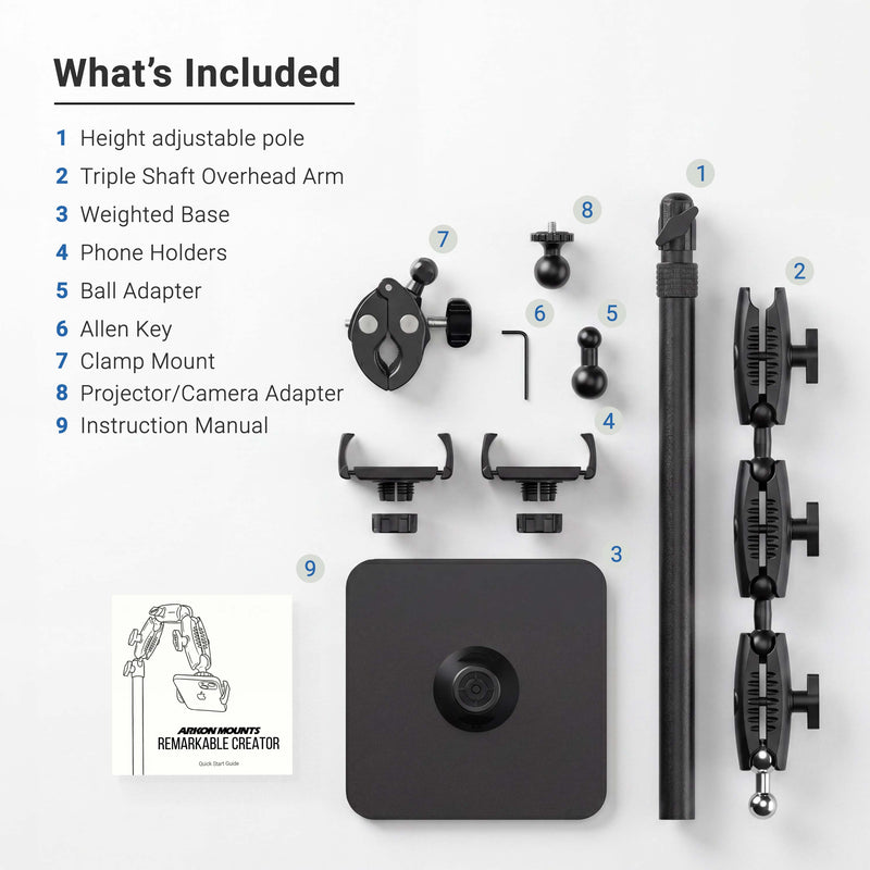List of included items for a camera or projector stand with components displayed.