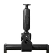 The black, adjustable RoadVise® Clamp Mount with Metal Diamond Mounting Pattern and a tightening knob is attached to a horizontal metal bar, displaying ARKON branding on its body against a white background.