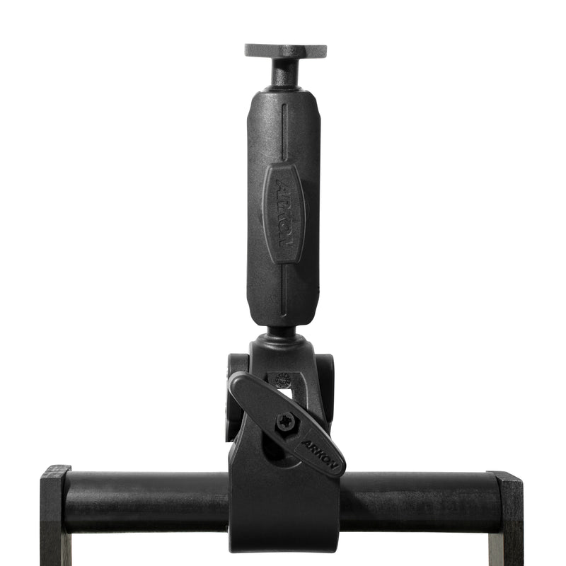 The black, adjustable RoadVise® Clamp Mount with Metal Diamond Mounting Pattern and a tightening knob is attached to a horizontal metal bar, displaying ARKON branding on its body against a white background.