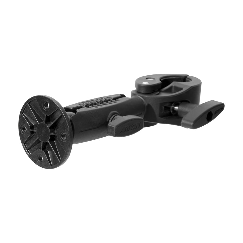 The RoadVise® Clamp Mount with Circular Mount Plate is a black adjustable bracket featuring a clamping mechanism, ideal for securely attaching devices to various surfaces.