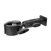 The RoadVise® Clamp with Metal AMPS Mounting Plate is a black adjustable bracket that securely mounts objects to surfaces, featuring a clamp on one end and a Metal AMPS plate on the other.