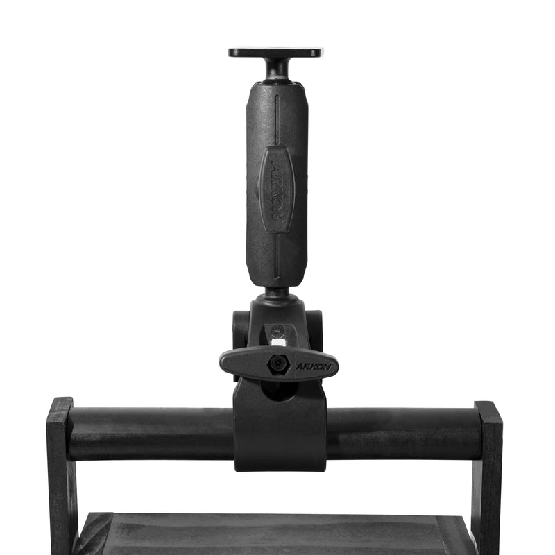 A black RoadVise® Clamp with Metal AMPS Mounting Plate is mounted vertically on a horizontal bar, providing a versatile device mount against a plain white background.