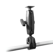 The RoadVise® Clamp Mount with AMPS Mounting Plate and 5.75” Arm, in black, is securely clamped to a horizontal metal pole with a tightening knob against a white background.