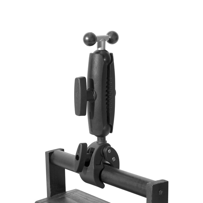 The RoadVise® Clamp Mount with Triple Ball Adapter is a black adjustable arm that attaches to a horizontal metal bar, featuring a ball-joint mechanism for flexible device positioning—perfect for commercial use.