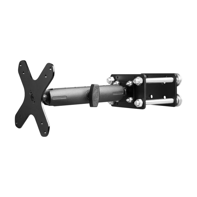 The 7.25 inch Metal Robust Forklift Front Guard VESA Mount is a black, adjustable aluminum wall mount with an extendable arm and VESA plate, ideal for securely attaching TVs or monitors to warehouse vehicles using bolts.