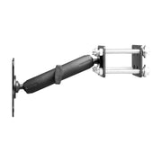 The 7.25 inch Metal Robust Forklift Front Guard VESA Mount features a black adjustable aluminum arm with a rectangular wall plate and dual-bolt clamp, ideal for mounting on warehouse vehicles, shown isolated on white.
