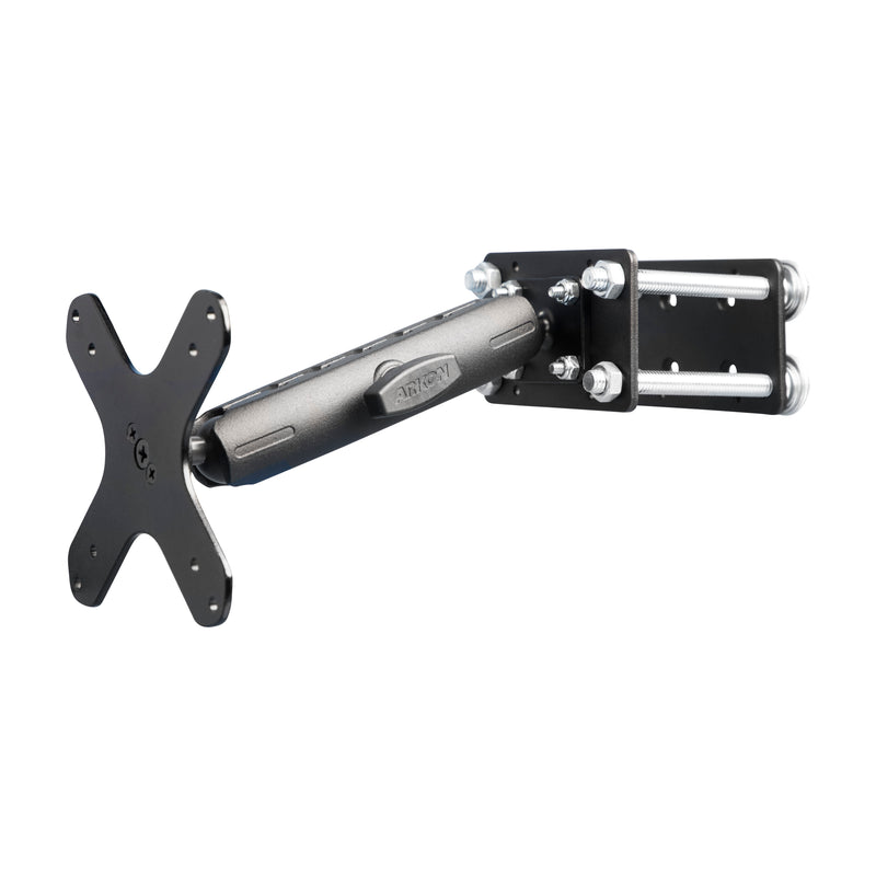 The 7.25 inch Metal Robust Forklift Front Guard VESA Mount is a black adjustable aluminum bracket with a VESA plate and bolts for secure installation, ideal for TVs or monitors, shown on a white background.