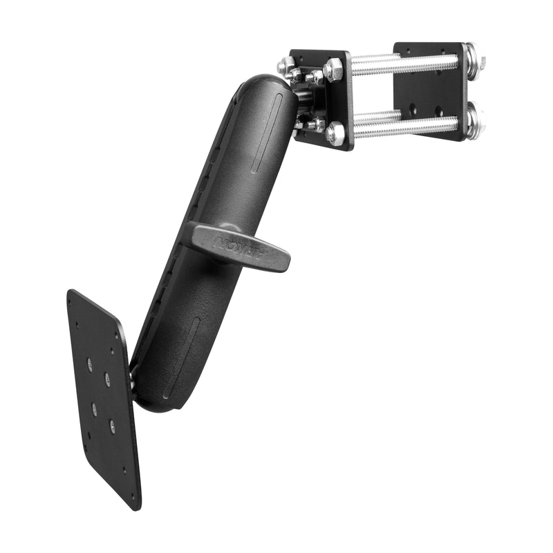 The 10.25 inch Metal Robust Forklift Front Guard VESA Mount is an adjustable aluminum bracket with a tilting handle and two large bolts—ideal for use as a TV or monitor wall mount in warehouse vehicles or forklift setups.
