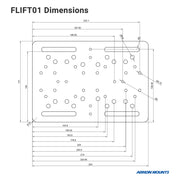 Technical diagram showing LockVise™ Metal Locking Overhead Guard Tablet Mount with Multi-Pivoting Arm mounting plate dimensions for a forklift tablet holder, with measured holes and slots, labeled length, width, and hole placements. Arkon Mounts logo is visible.