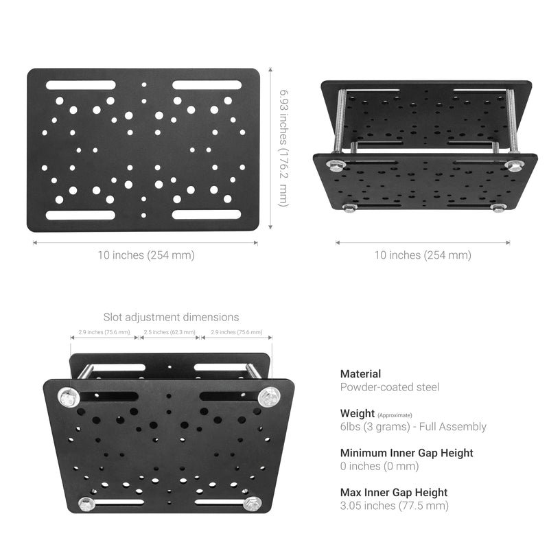 A black powder-coated steel Forklift Overhead Guard VESA Mount with 6 metal shaft, multiple holes, shown from top and front. Dimensions: 10 x 6.93 in; weight: 6 lbs; inner gap height: min 0.3 in, max 3.05 in.