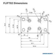 The FLIFT02 Dimensions technical drawing shows a rectangular plate with rounded corners and various hole sizes in mm. Designed for the RoadVise® Forklift Front Guard Phone Mount. Arkon Mounts logo appears at the bottom right.