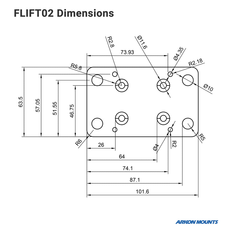 The FLIFT02 Dimensions technical drawing shows a rectangular plate with rounded corners and various hole sizes in mm. Designed for the RoadVise® Forklift Front Guard Phone Mount. Arkon Mounts logo appears at the bottom right.