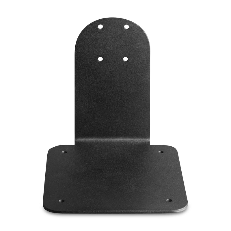 The SteadyMag™ Mounting Bracket is a black heavy-duty steel mount with a flat base and upright backplate, featuring multiple screw holes. Its simple, durable design is ideal for rugged environments and forklift applications.
