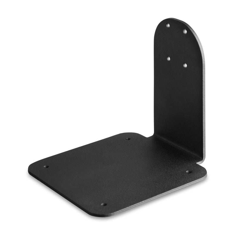The SteadyMag™ Mounting Bracket is a black metal, L-shaped bracket with 4 AMPS screw holes and rounded edges, designed for mounting or supporting objects on flat surfaces or walls.